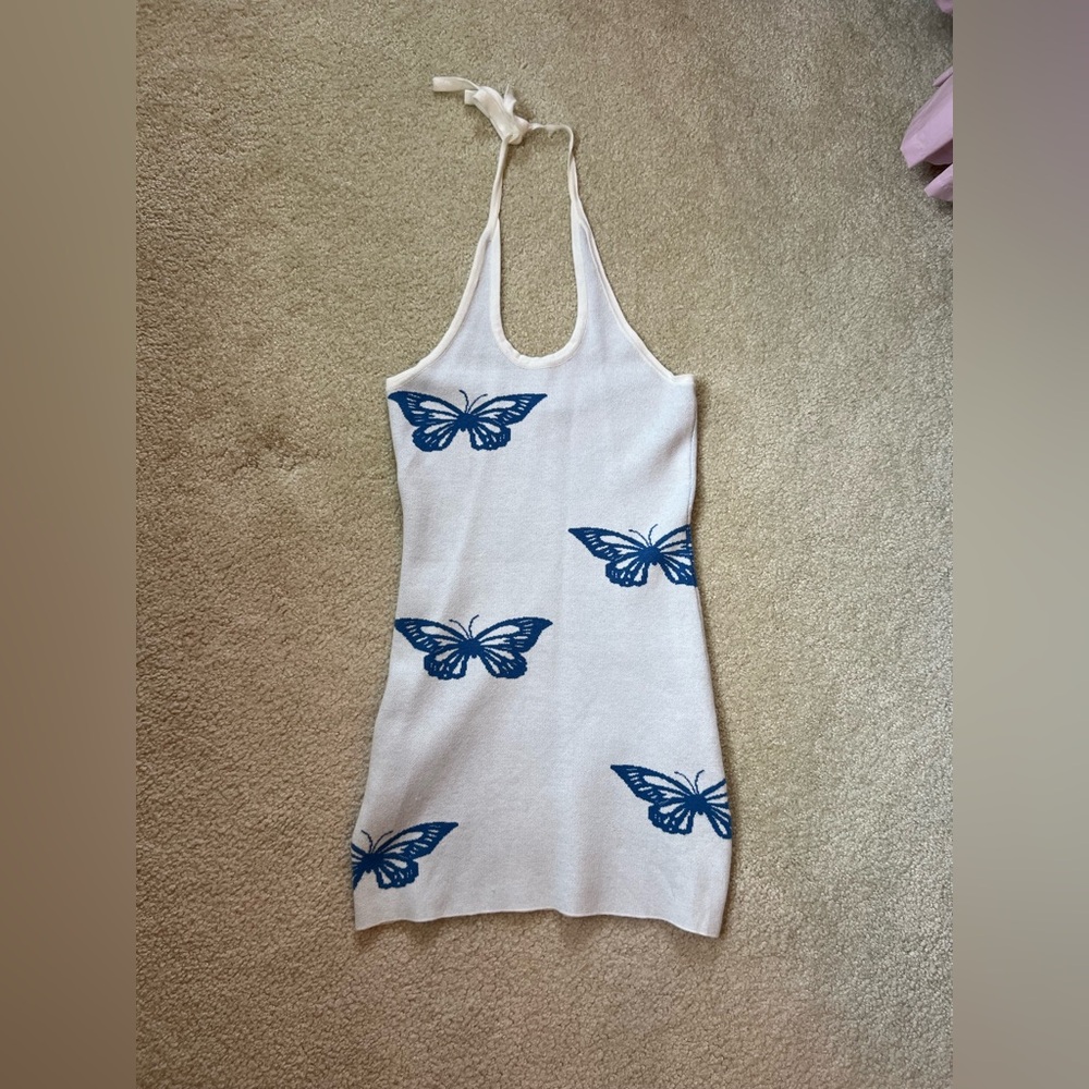 Blue Butterfly Knit Halter Mini Dress, Size Small